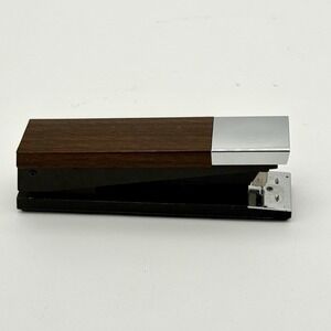 Vintage ACCO 20 Desk Stapler Faux Wood Grain Chrome Mid Century USA Working